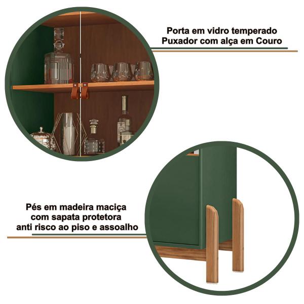 Imagem de Cristaleira de Vidro Temperado para Hall de Entrada Sala de Jantar e Estar Retrô Vintage 2 Portas Pés em Madeira Maciça Lizz Casa D - Verde/Cedro