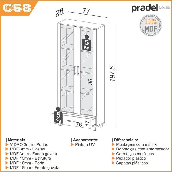 Imagem de Cristaleira Duas Portas de Vidro 77 cm Dalla Costa 100% MDF