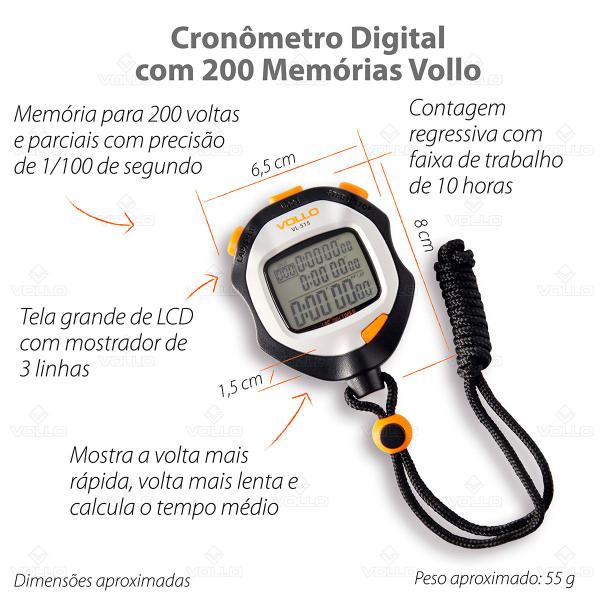 Imagem de Cronômetro Profissional Digital 200 Memórias Alarme Tela LCD Precisão 1/100 Vollo