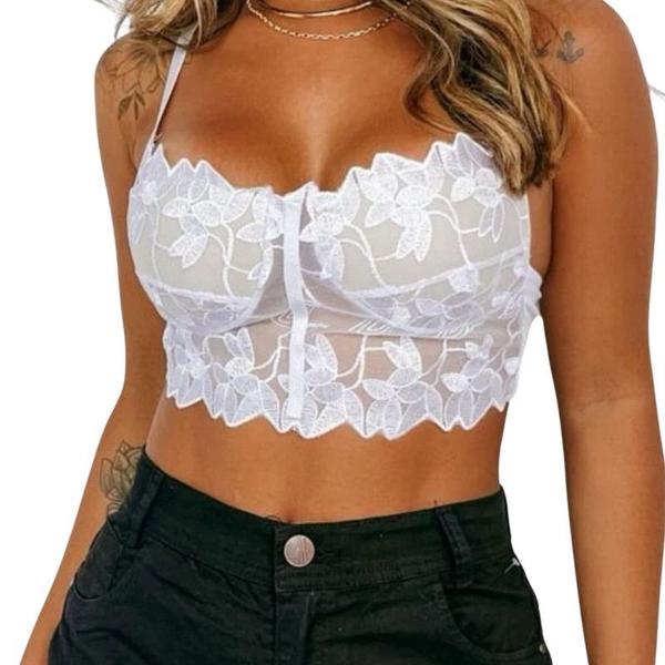 Imagem de Cropped Top Blusinha Renda Alcinha Bojo Tule Feminino