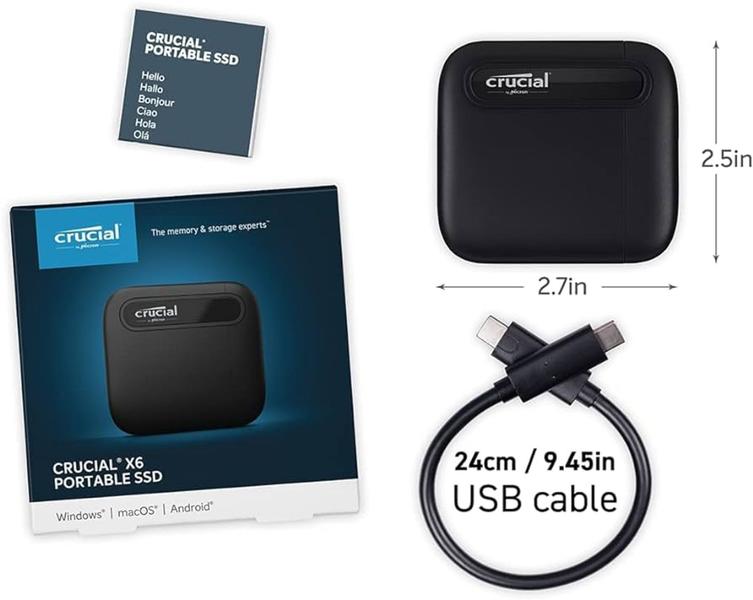 Crucial SSD portátil X6 de 1 TB PC/MAC SSD USB 3.2 USB-C CT1000X6SSD9 Imagem de Crucial SSD portátil X6 de 1 TB PC/MAC SSD USB 3.2 USB-C CT1000X6SSD9