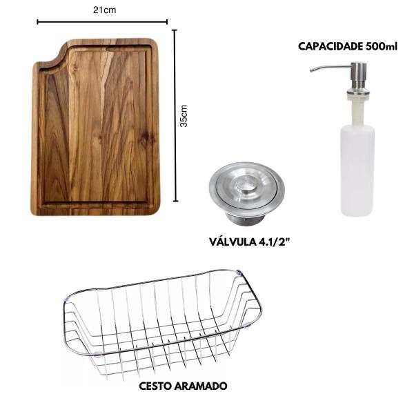 Imagem de Cuba 50x40cm em inox 304 + torneira extensível preta e tábua