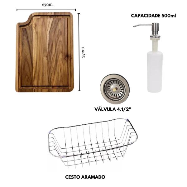 Imagem de Cuba 60x42cm inox escovado + tábua e torneira gourmet preta