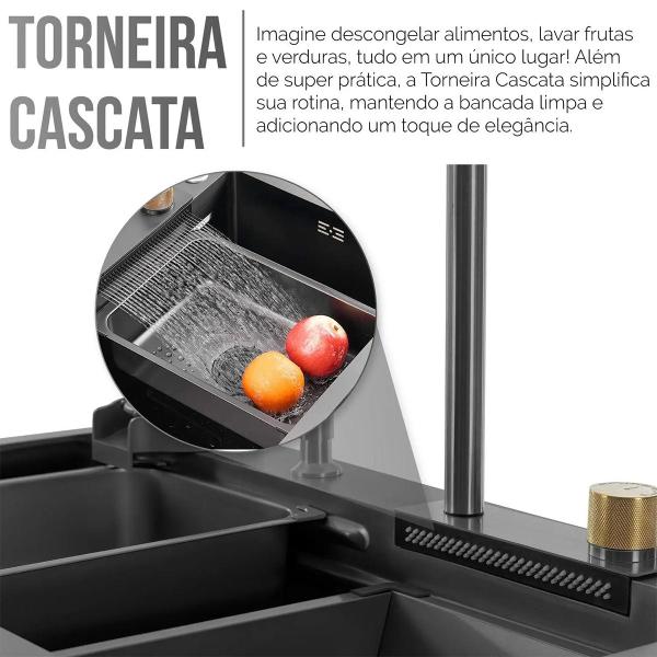 Imagem de Cuba Cascata Cozinha Pia Torneira Premium Lavador de Copo Dispenser Aço Inox Goumert Escorredor Multiuso Bancada Completa