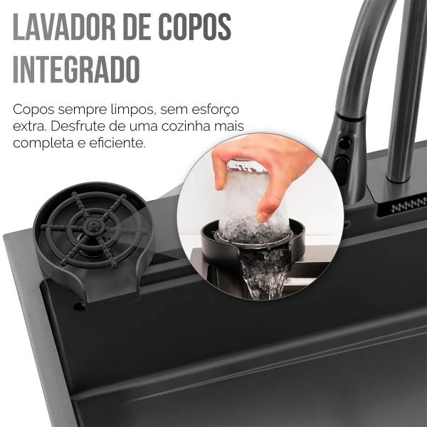 Imagem de Cuba Cascata Pia Cozinha Torneira Luxo Goumert Lavador Copo Dispenser Bancada Aço Inox Premium Completa Cesto Escorredor Temperatura Ajustavel Casa Re