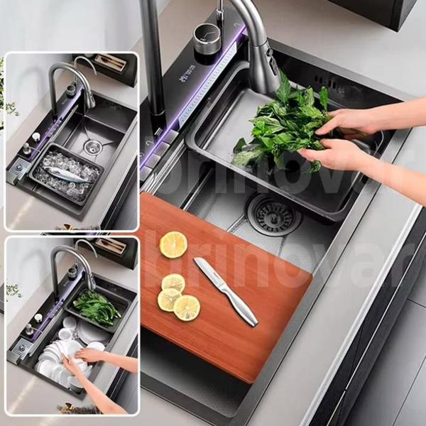 Imagem de Cuba Cascata Premium Gourmet Multifuncional Smart Pia Cozinha Completa Com Lavador De Copos E Torneira Monocomando Aço Inox 304 Cor Preta Brinovar