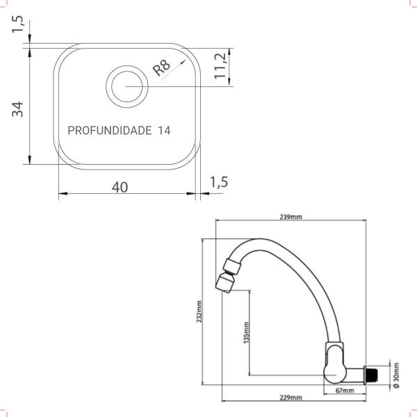 Imagem de Cuba Cozinha Fosca Tramontina Standard 40x34x14 Fosca + Torneira Herc Parede C/Sif