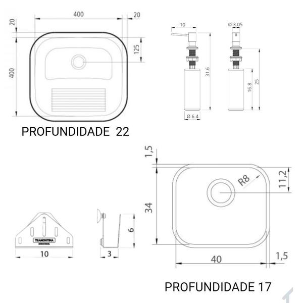 Imagem de Cuba Cozinha Inox 40x34x17 Prime Tramontina +Tanque 40x40 + Dosador +Suporte Porta Esponja