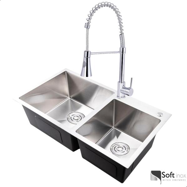 Imagem de Cuba Cozinha Pia Dupla Inox Escovada com Torneira Monocomando - Softinox 78x43 cm