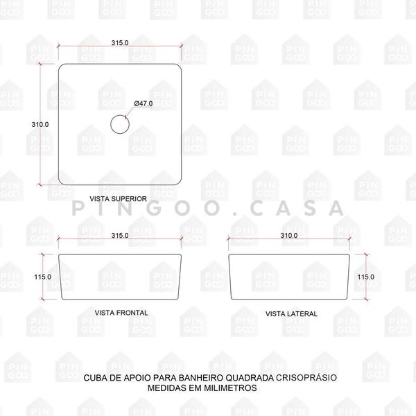 Imagem de Cuba De Apoio Para Banheiro Quadrada Slim Louça Cerâmica 31 cm Crisoprásio Pingoo.casa - Preto Fosco