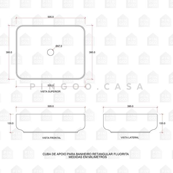 Imagem de Cuba De Apoio Para Banheiro Retangular Slim Louça Cerâmica 50,5 cm Fluorita Pingoo.casa - Cinza Fosco