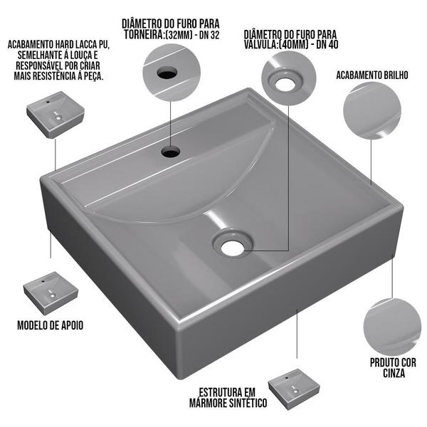 Imagem de Cuba de Apoio Quadrada Para Banheiro Lavabo C01 Q39W Cinza - Lyam Decor