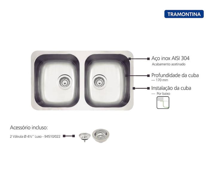 Imagem de Cuba de embutir Tramontina Isis Plus 2C 34 BL em Aço Inox Acetinado 77,5x45 cm