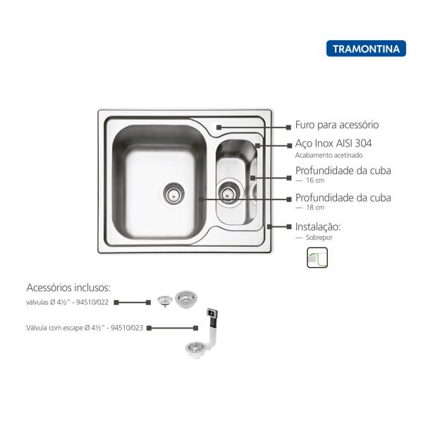 Imagem de Cuba de Sobrepor Tramontina Marea 1.5 C 34 R em Aço Inox Acetinado com Válvula 62 x 50 cm