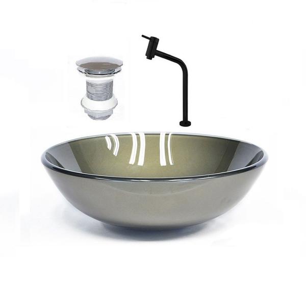 Cuba de vidro redonda 31cm ouro envelhecido + valvula + torneira preta - Cubas e Gabinetes Imagem de Cuba de vidro redonda 31cm ouro envelhecido + valvula + torneira preta