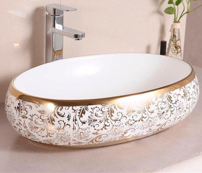 Imagem de Cuba Dourada Oval Luxo Lavabo Banheiro 62X42Cm