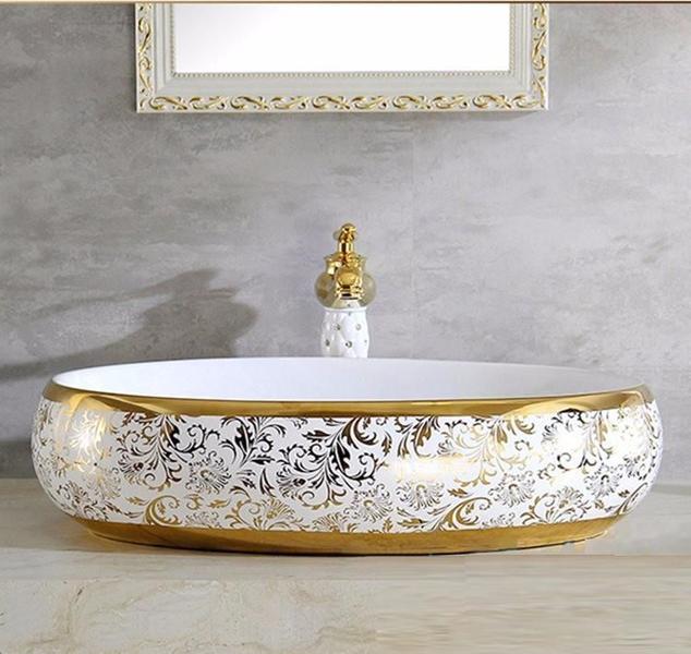 Imagem de Cuba Dourada Oval Luxo Lavabo Banheiro 62X42Cm