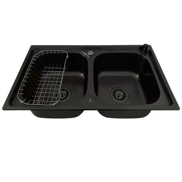 Imagem de Cuba dupla aço inox black + torneira gourmet preta e lixeira