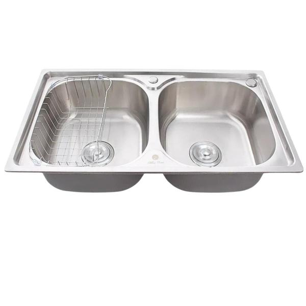 Imagem de Cuba dupla aço inox304 + torneira gourmet escovada e lixeira