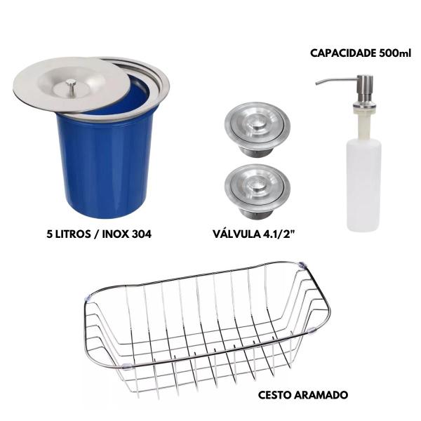 Imagem de Cuba dupla aço inox304 + torneira gourmet escovada e lixeira