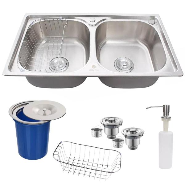 Imagem de Cuba Dupla Cozinha Gourmet Inox 304 + Kit Com Lixeira 5 Lts