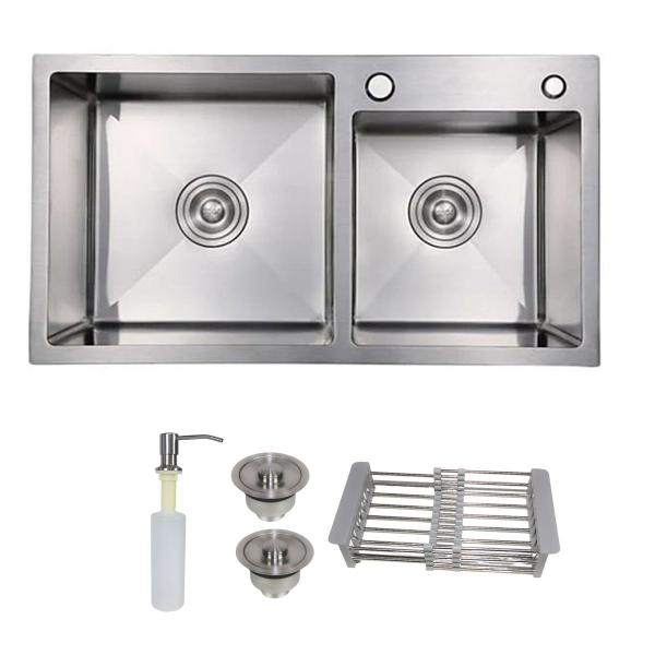 Imagem de Cuba Dupla Gourmet Aço Inox 304 Bancada Cozinha Pia De Sobrepor ou Embutir Com Acessórios