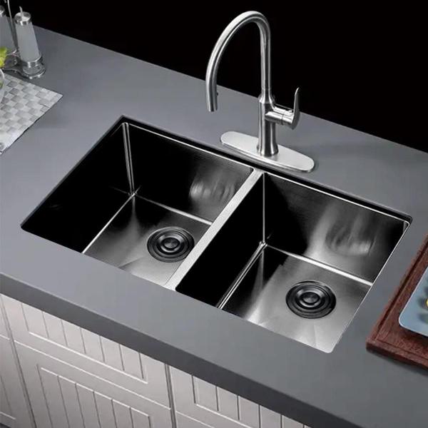 Imagem de Cuba Dupla Inox Preta Inox 75X41 + Torneira Monocomando Luxo