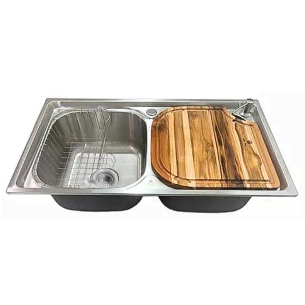 Imagem de Cuba dupla inox304 + torneira gourmet preta tábua e lixeira