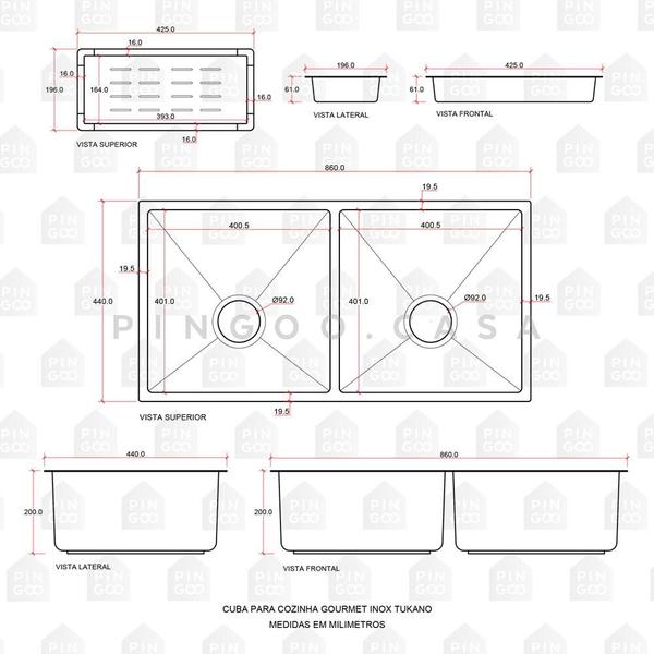 Imagem de Cuba Dupla Para Cozinha Gourmet Aço Inox 304 Tukano 86x44 cm Pingoo.casa - Dourado