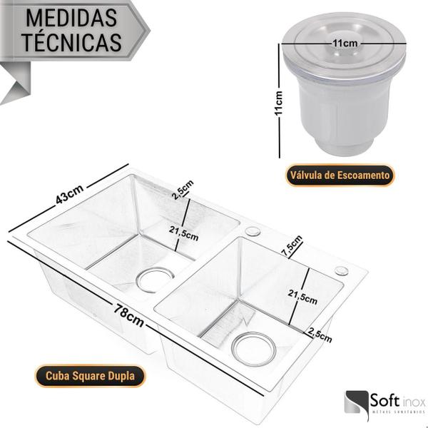 Imagem de Cuba Dupla Pia Cozinha Escovada Inox com Torneira Monocomando 1S - Softinox 78x43 cm