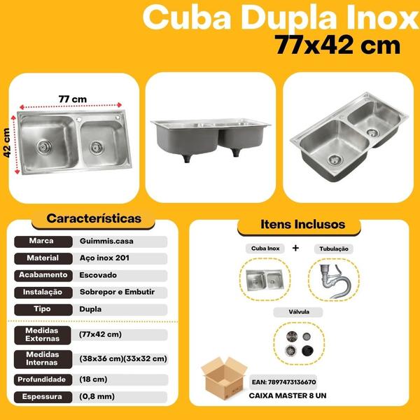 Imagem de Cuba Dupla Pia Cozinha Gourmet Aço Inox 77x42cm Guimmis.casa