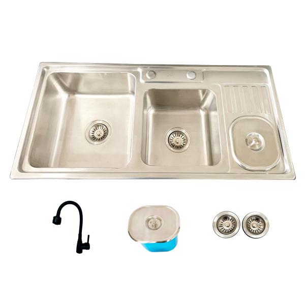 Cuba Dupla Pro Inox E Torneira Sweet Preta c/ Lixeira - DECORPLACE Imagem de Cuba Dupla Pro Inox E Torneira Sweet Preta c/ Lixeira