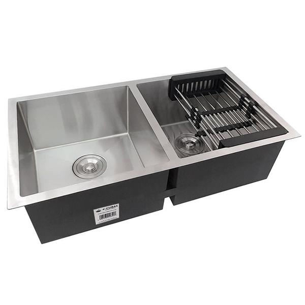 Imagem de Cuba Dupla Quadrada Inox 304 Cozinha Pia Embutir  Gourmet 78x40 Premium  Lixeira Embutir 5L, Tábua Multiuso e Acessórios