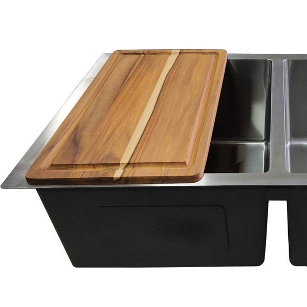 Imagem de Cuba Dupla Quadrada Inox 304 Cozinha Pia Embutir  Gourmet 78x40 Premium  Lixeira Embutir 5L, Tábua Multiuso e Acessórios