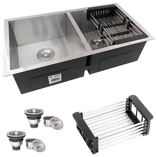 Imagem de Cuba Dupla Quadrada Inox 304 Gourmet 8040 Com Acessórios