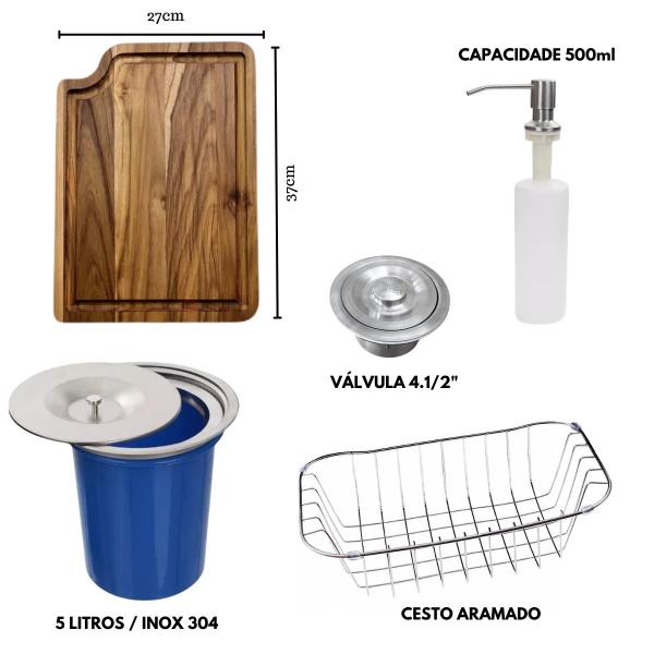 Imagem de Cuba Gourmet 50x40cm Inox 304 + Kit Com Tábua Teca E Lixeira