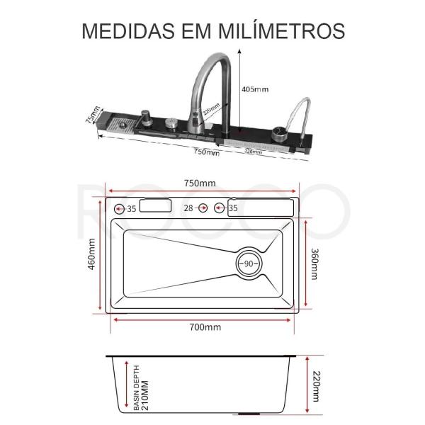 Imagem de Cuba Gourmet Cozinha Inox Com Led Moderna 75x45cm Pia Acessórios Torneira Cascata Painel Temperatura