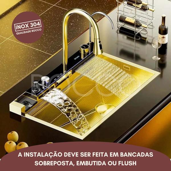 Imagem de Cuba Gourmet Cozinha Inox Com Led Moderna 75x45cm Pia Acessórios Torneira Cascata Painel Temperatura