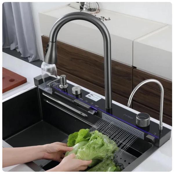 Imagem de Cuba Gourmet Inox Premium Pia Cozinha Torneira Mangueira Cascata Agua Quente Fria Painel Monocomando Dispenser Dosador Limpador de Copo Luxo Area Exte