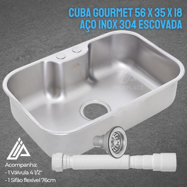 Imagem de Cuba Gourmet Medida 56x35x18 Aço Inox 304 Escovada com Válvula e Sifão