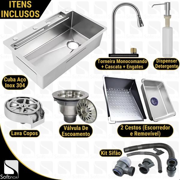 Imagem de Cuba Gourmet Premium Completa Inox 304 Com Torneira Monocomando Cascata e Lavador de Copos Escovada