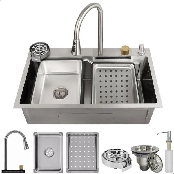 Imagem de Cuba Gourmet Premium Completa Inox 304 Com Torneira Monocomando Cascata e Lavador de Copos Escovada