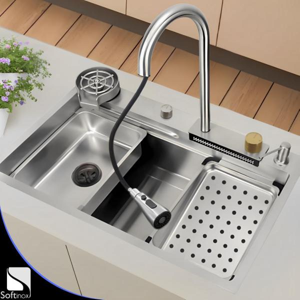 Imagem de Cuba Gourmet Premium Completa Inox 304 Com Torneira Monocomando Cascata e Lavador de Copos Escovada