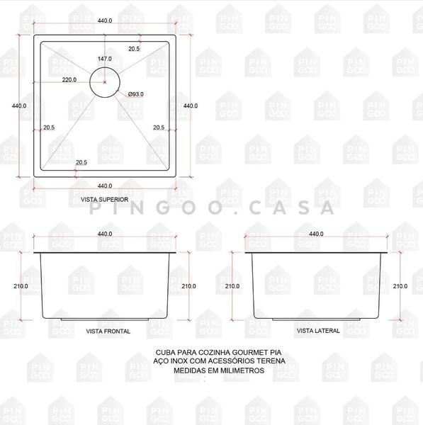 Imagem de Cuba Gourmet Terena 44x44cm e Calha Waiana Embutida 45x18cm Aço Inox 304