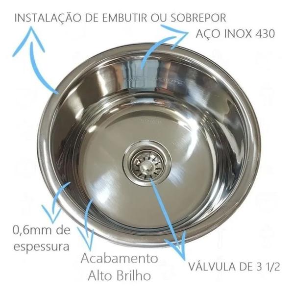 Imagem de Cuba Inox 430 Redonda Cozinha 30x15cm Com Válvula Sifão 3005