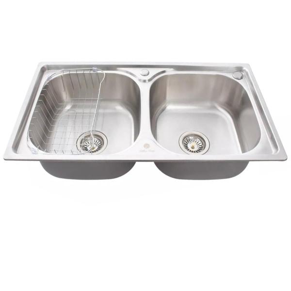 Imagem de Cuba inox dupla escovada + torneira gourmet black e lixeira