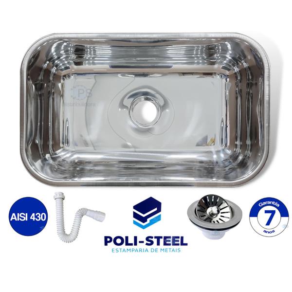 Imagem de Cuba inox para cozinha n2 56X34X14 com válvula e Sifão Poli Steel - kit completo