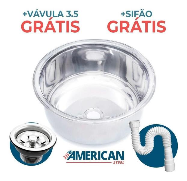 Imagem de Cuba Inox Redonda American Alto Brilho 40 Cm Com Válvula