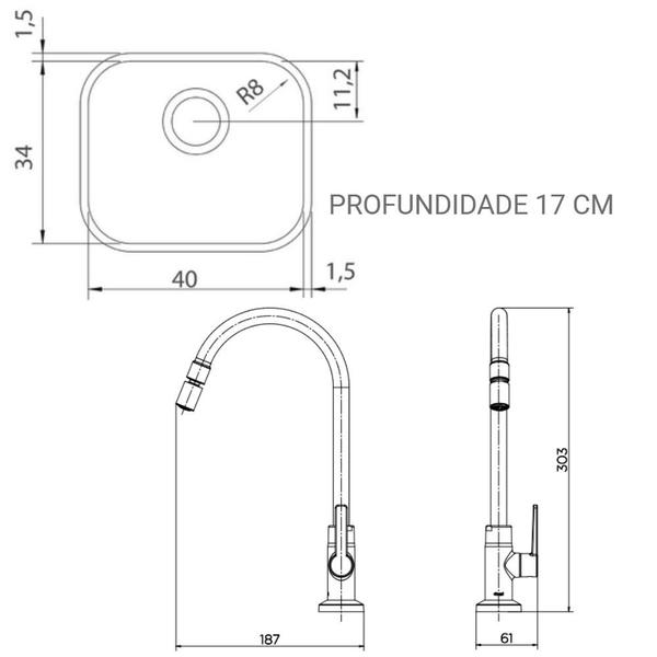 Imagem de Cuba Inox Tramontina 40x34 Brilho C/Escape + Torneira Docol Mesa