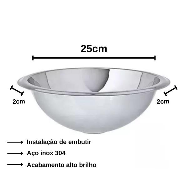 Imagem de Cuba Lavatório Meia Bola 25cm Com Válvula Em Inox 304